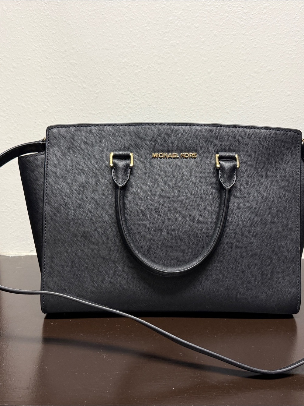 MICHAEL KORS Black Saffiano Leather Satchel with Gold Hardware